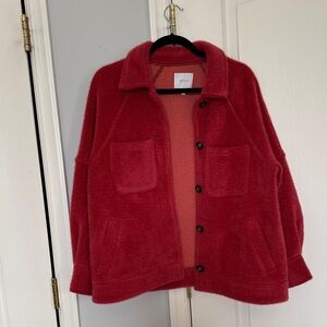 Ganni Deep Red Teddy Jacket with Patch Pockets
